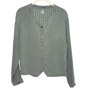 Citron Santa Monica Shirt Womens Medium Sage Green Textured Button Front V Neck